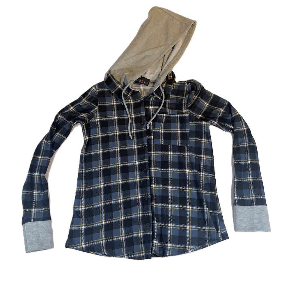 Discreet Button Flannel Shirt Hoodie Woman S Blue Plaid Drawstring Cozy Cuddle